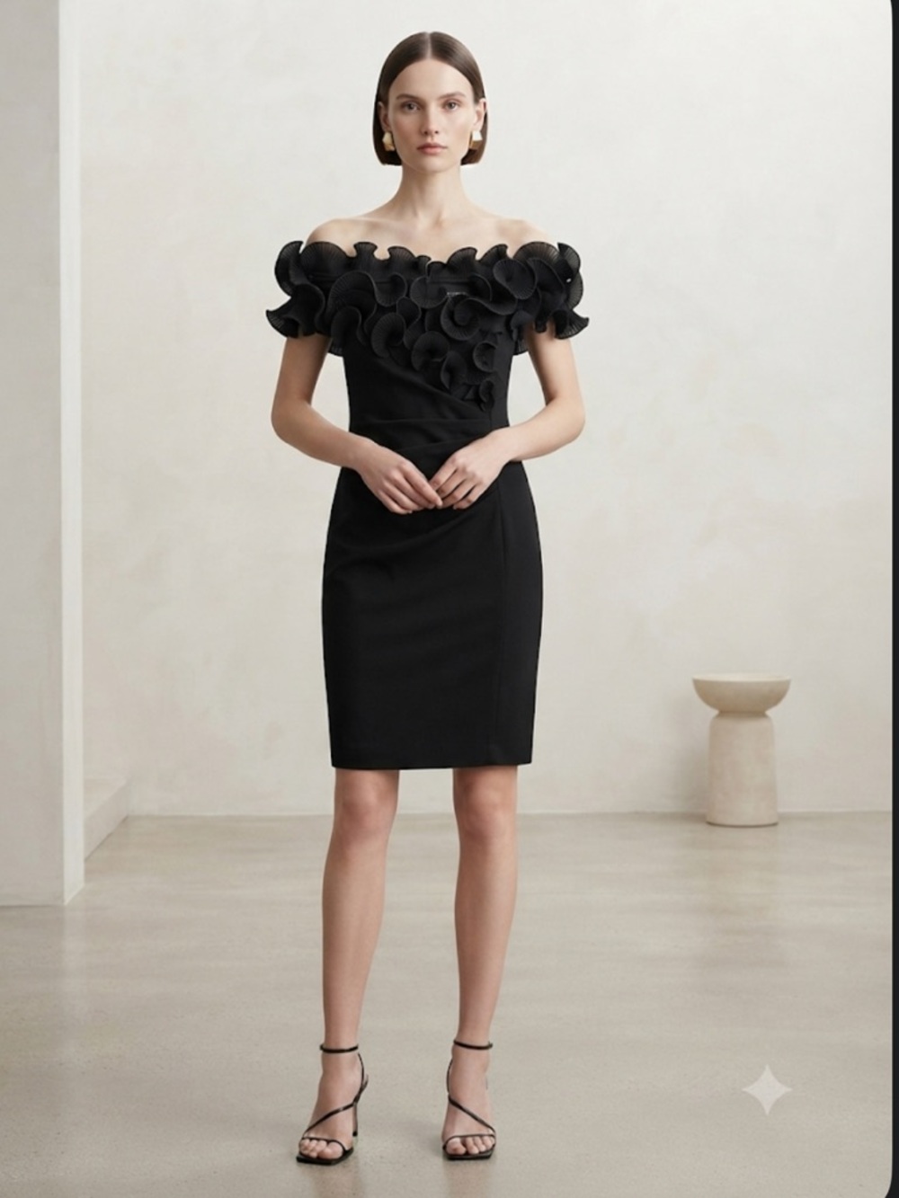 XSCAPE Black Ruffled Off-Shoulder Cocktail Dress Size 14P